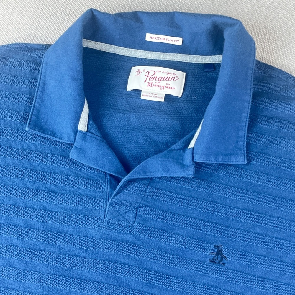 Original Penguin Polo Shirt Mens Large Blue Heritage Slim Fit Textured Cotton